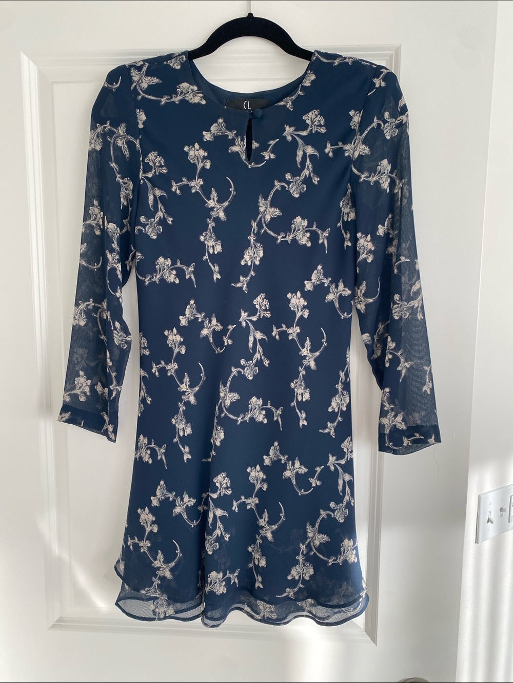 Carole Little Navy Floral Long-Sleeve Chiffon Shift Dress